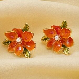 Orange color flower metal earrings